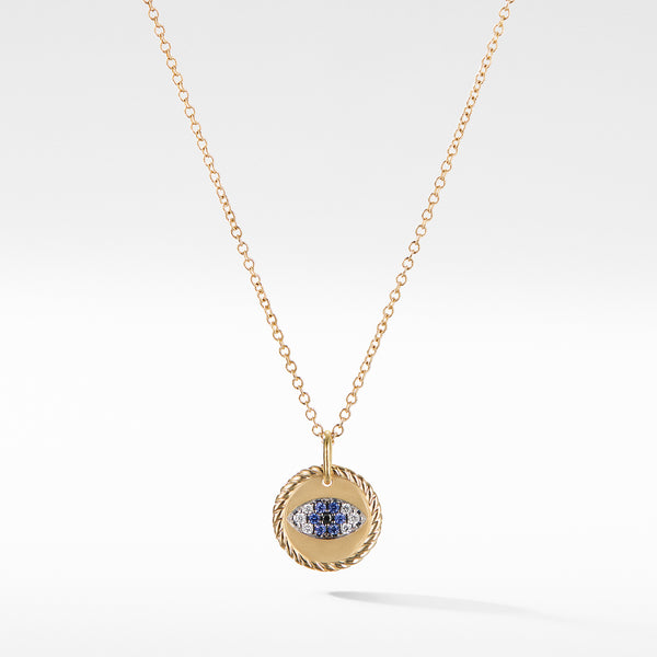 Cable Collectibles Evil Eye Charm Necklace with Blue Sapphire, Black Diamonds, and Diamonds in Gold