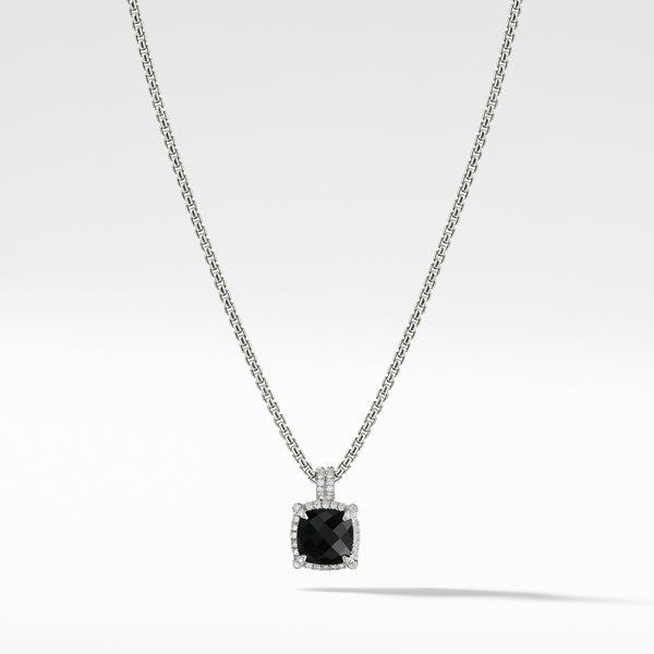 Chatelaine Pave Bezel Pendant Necklace with Black Onyx and Diamonds, 9mm