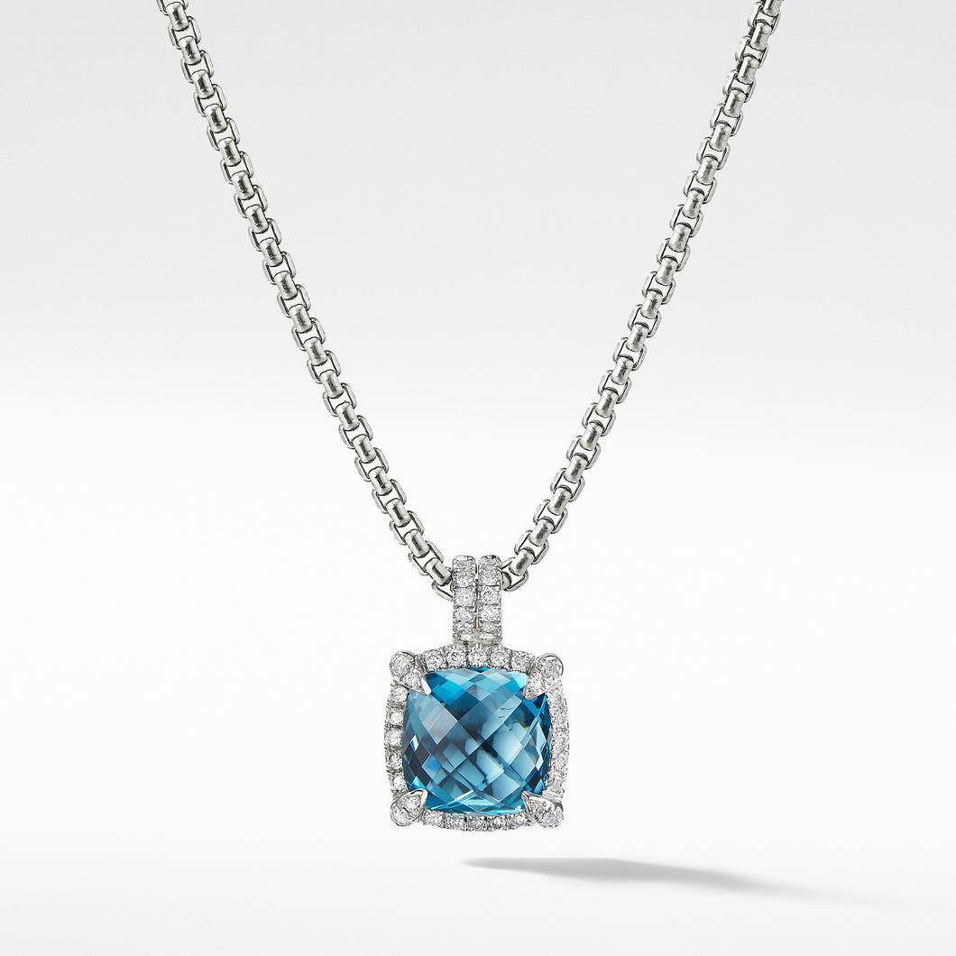 Chatelaine Pave Bezel Pendant Necklace with Hampton Blue Topaz and Diamonds, 9mm