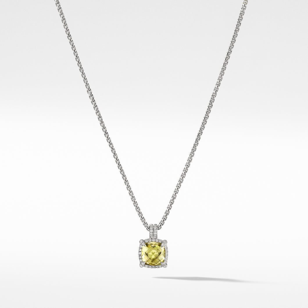 Chatelaine Pave Bezel Pendant Necklace with Lemon Citrine and Diamonds, 9mm