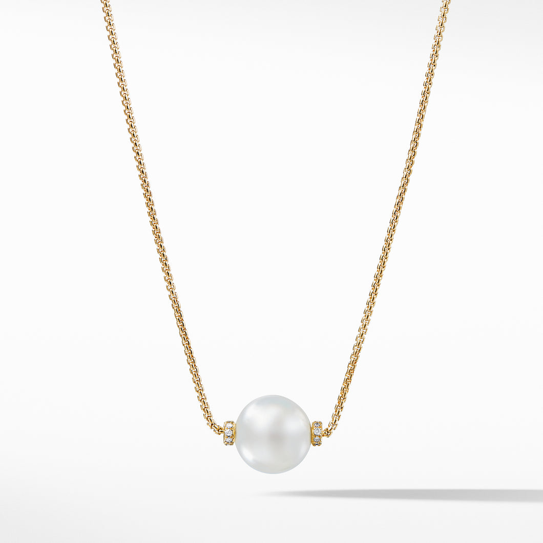 Solari Single Station Necklace in 18k Gold with Diamonds and South Sea White Pearl