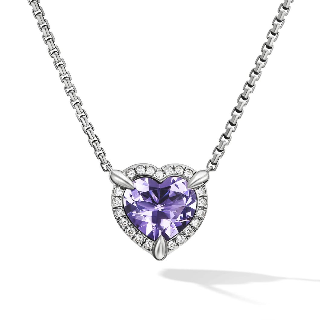 Chatelaine® Heart Pendant Necklace in Sterling Silver with Amethyst and Pavé© Diamonds