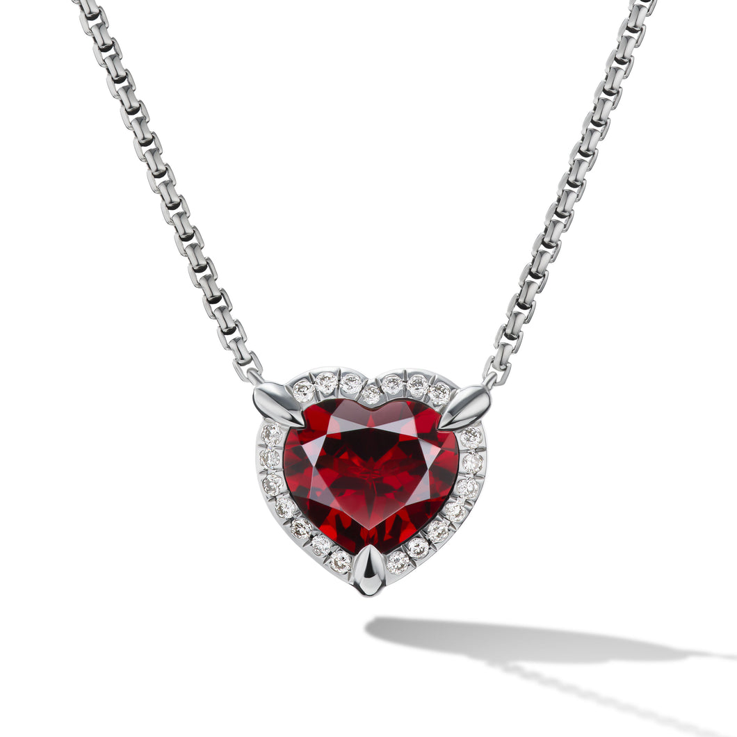 Chatelaine Heart Pendant Necklace in Sterling Silver with Garnet and Pavé Diamonds