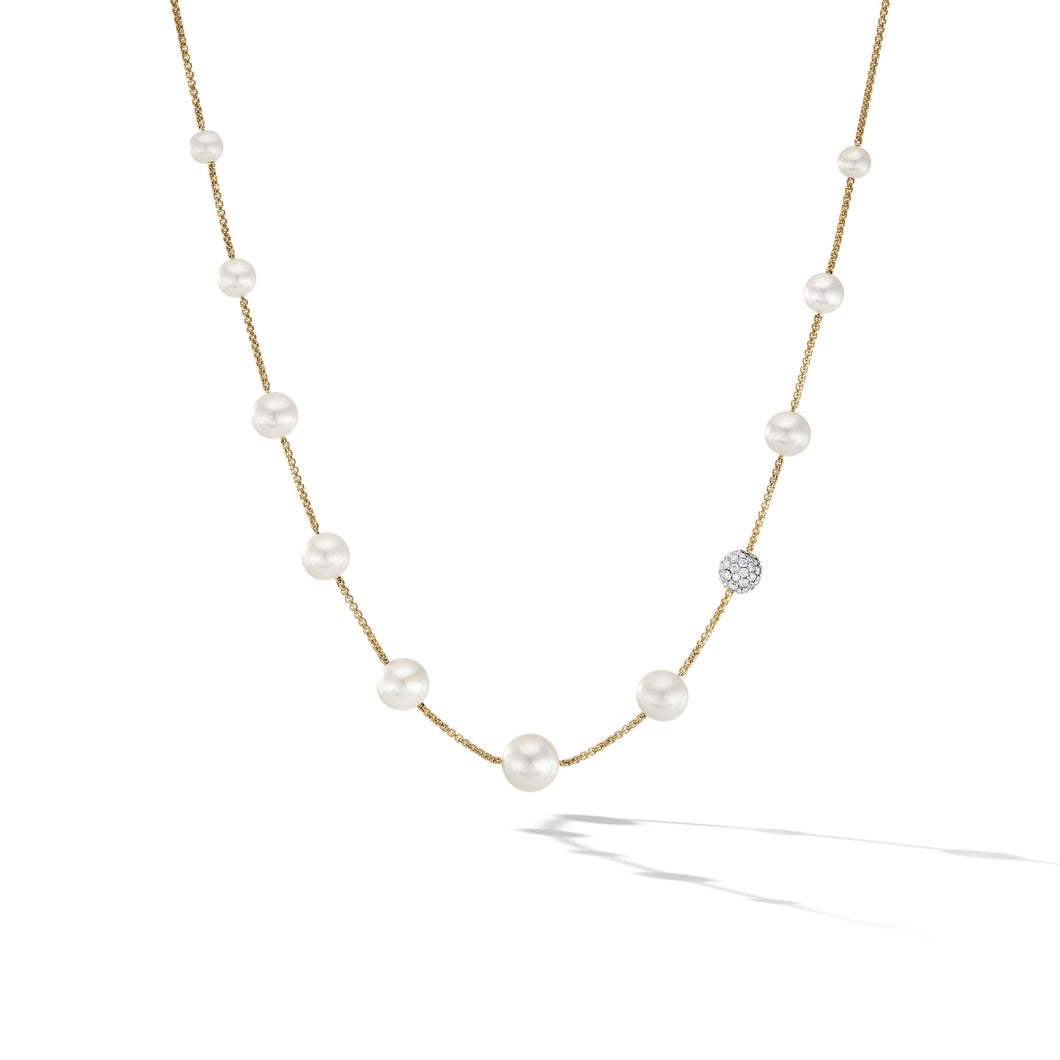 Pearl and Pavé© Station Necklace in 18K Yellow Gold with Diamonds