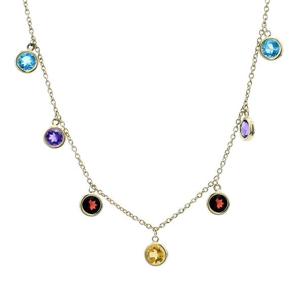 14K Yellow Gold Rainbow Dangle Station Necklace