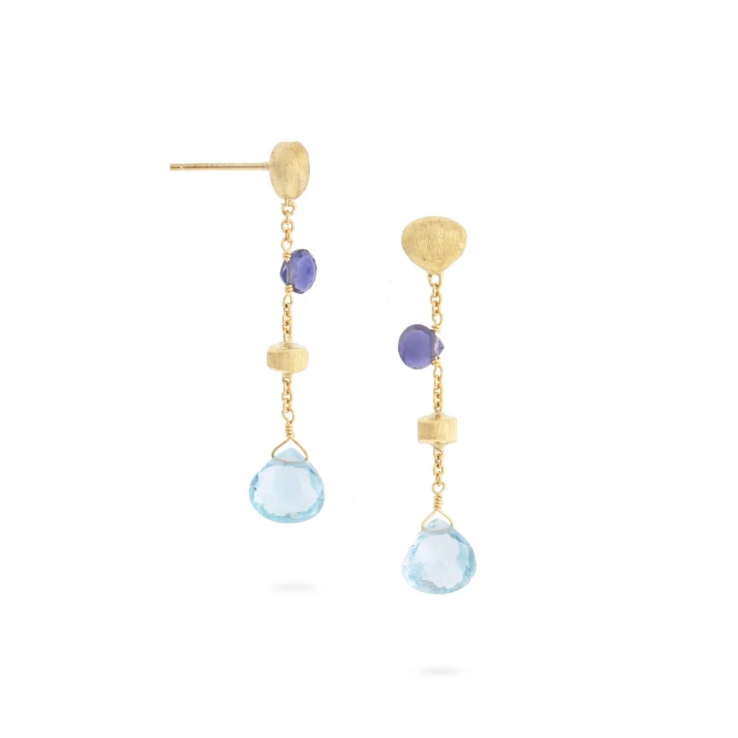 18K Yellow Gold Paradise Iolite and Blue Topaz Short Drop Earrings