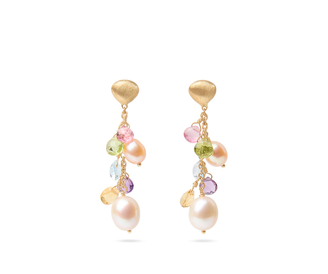 Paradise Collection 18K Yellow Gold Mixed Gemstone and Pearl Short Drop Earrings