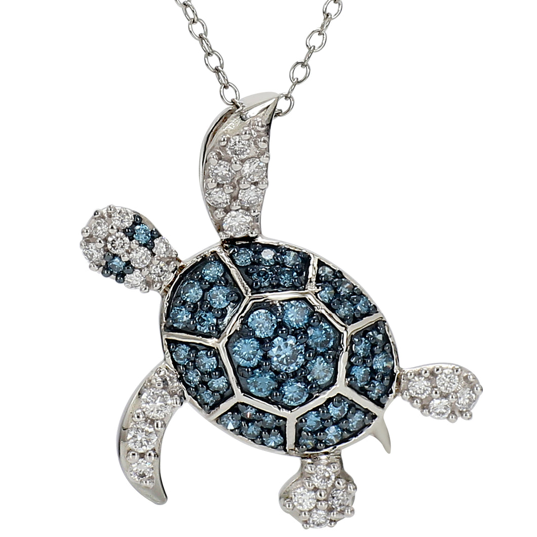 1.0CTTW Blue and White Lab-Created Diamond Turtle Pendant in 14K White Gold