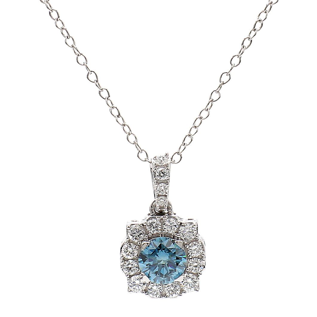 1.00CTTW Blue and White Lab-Created Diamond Halo Pendant in 14K White Gold