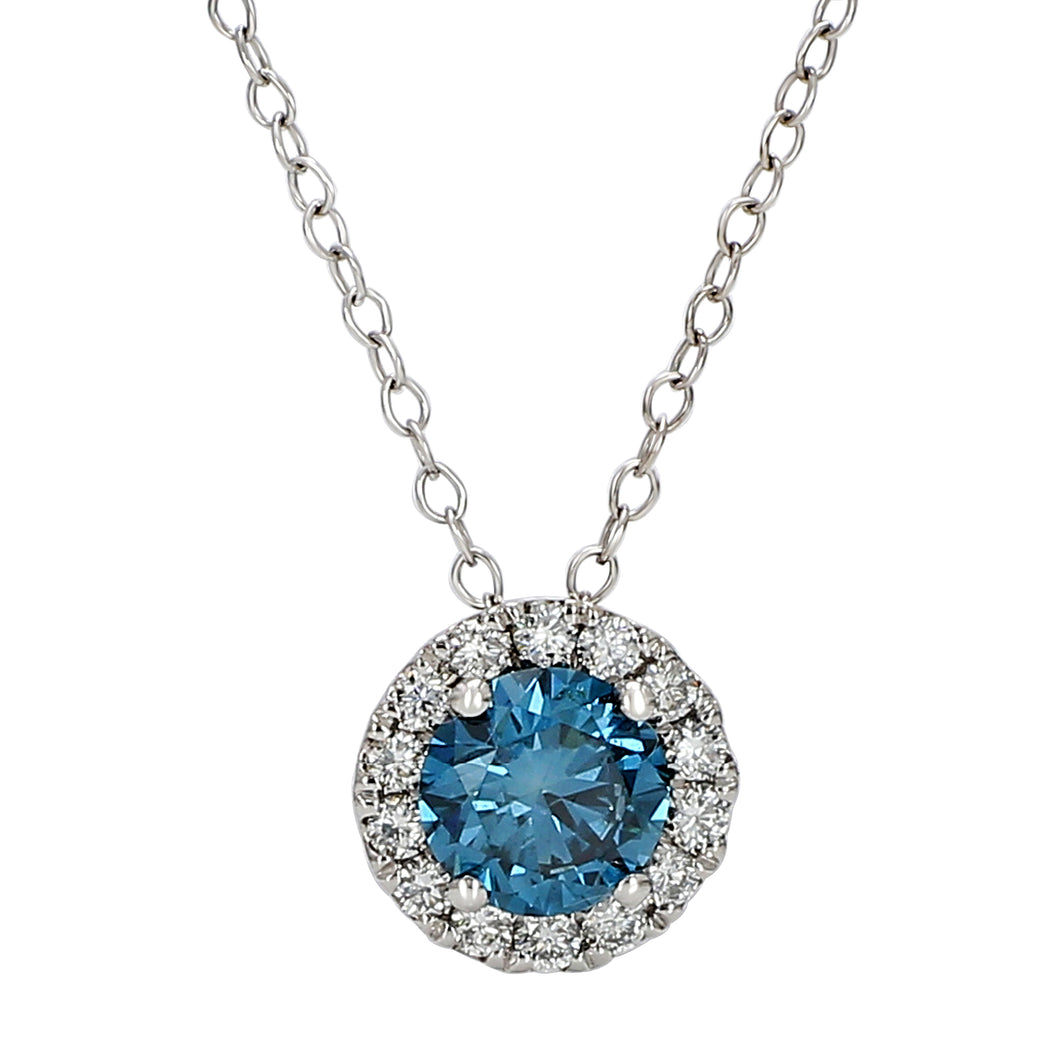1.25CT.TW Blue & White Lab-Created Diamond Halo Necklace in 14K White Gold