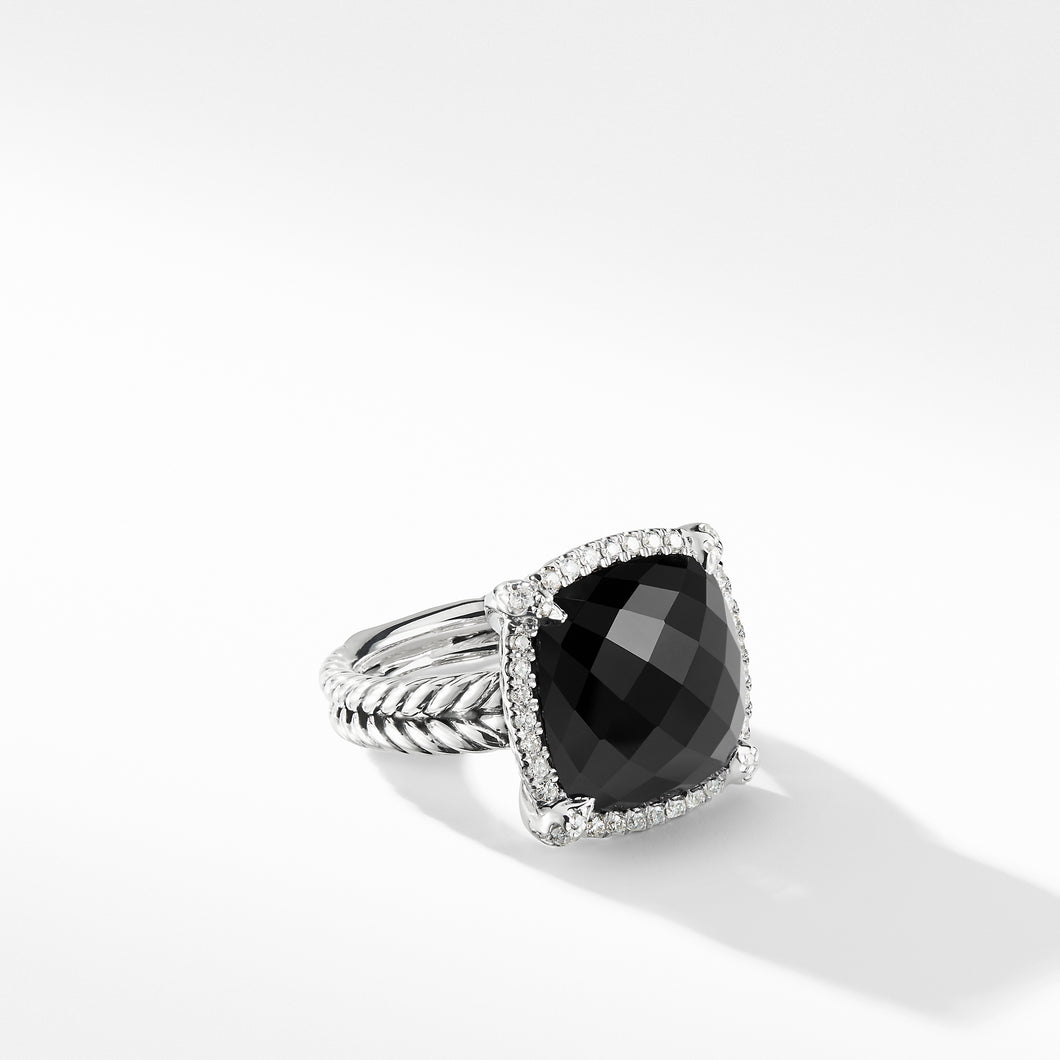 Chatelaine Pave Bezel Ring with Black Onyx and Diamonds, 14mm