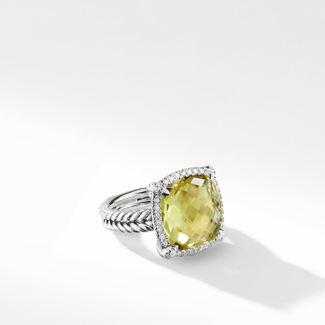 Chatelaine Pave Bezel Ring with Lemon Citrine and Diamonds, 14mm