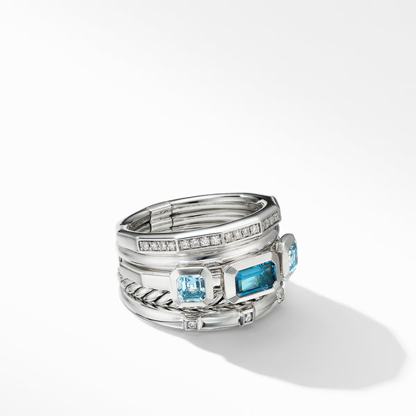 Stax Five Row Ring in Sterling Silver with Hampton Blue Topaz and Pave© Diamonds