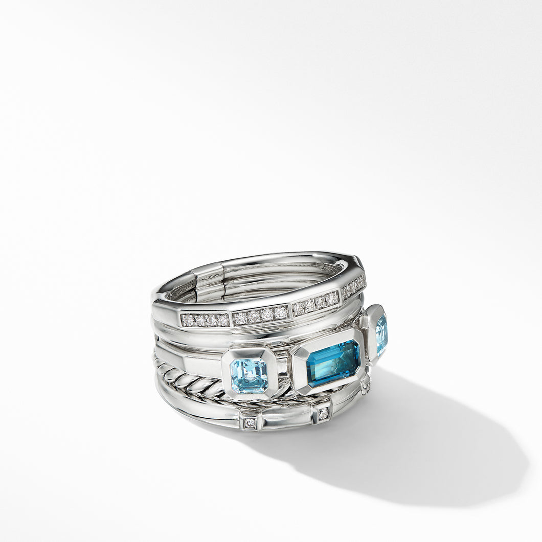 Stax Five Row Ring in Sterling Silver with Hampton Blue Topaz and Pave© Diamonds