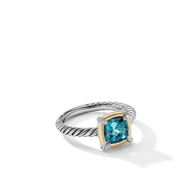Petite Chatelaine Ring with Hampton Blue Topaz, 18K Yellow Gold Bezel and Pave© Diamonds