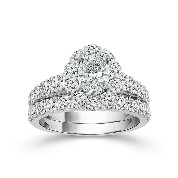 14K White Gold 2.00 CTW Oval Diamond Halo Ring and Band Set
