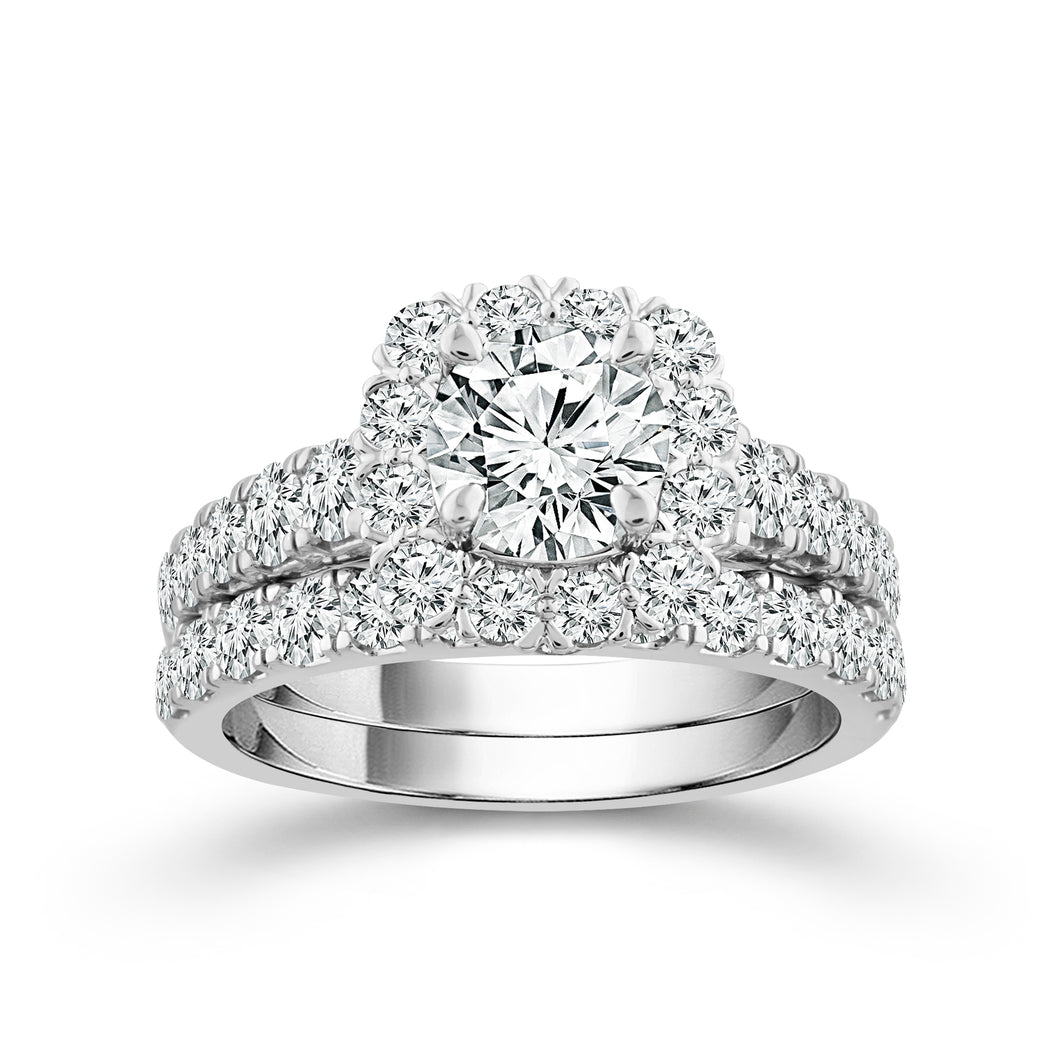 14K White Gold 2.00 CTW Halo Diamond Ring and Band Set