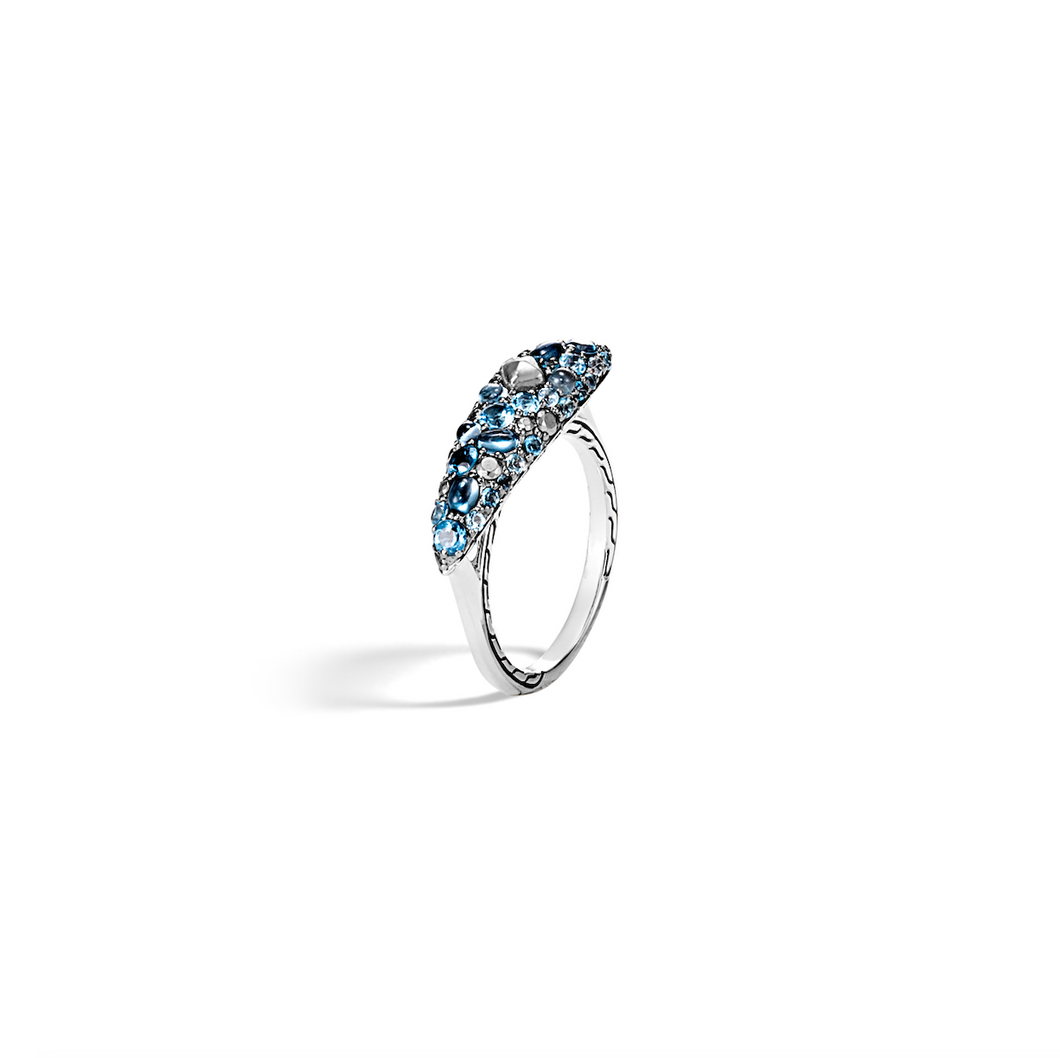 Classic Chain Ring, Mixed Blue Topaz, Siliconite, Silver Calcite