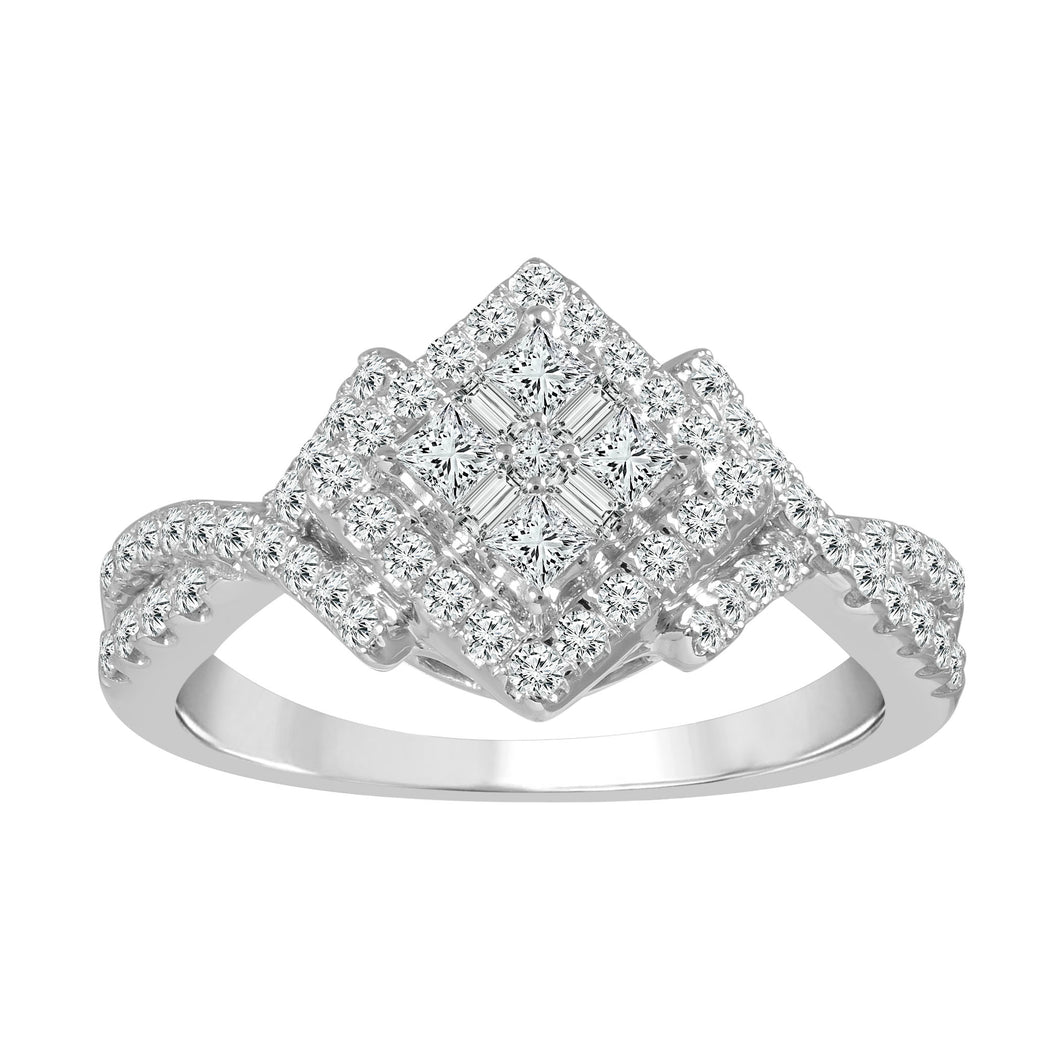 14K White Gold Sideways Princess Shaped Cluster Diamond Ring With Twisted Band (0.60 ct. tw.)
