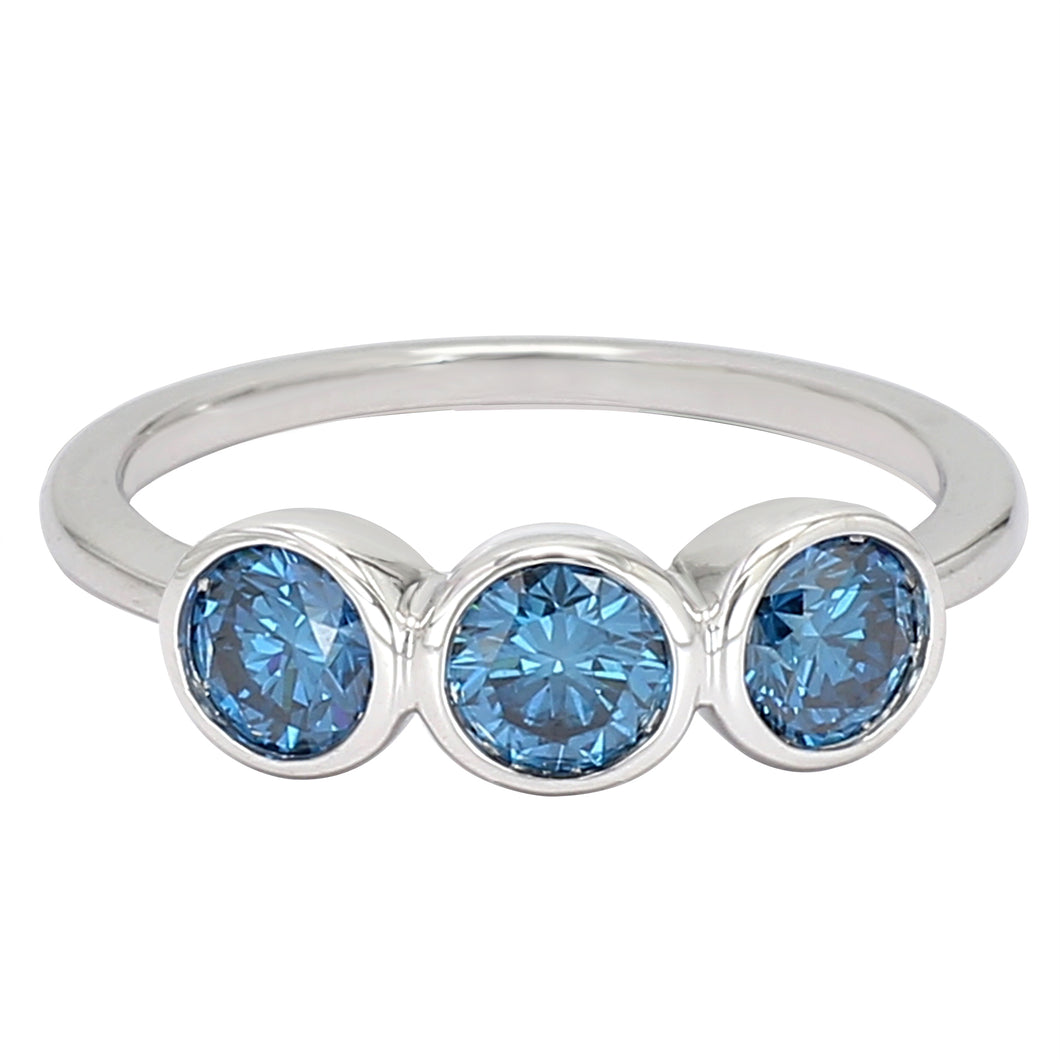 1.00 ctw. Lab-Created Royal Blue Diamond 3 Stone Bezel Ring in 14K White Gold