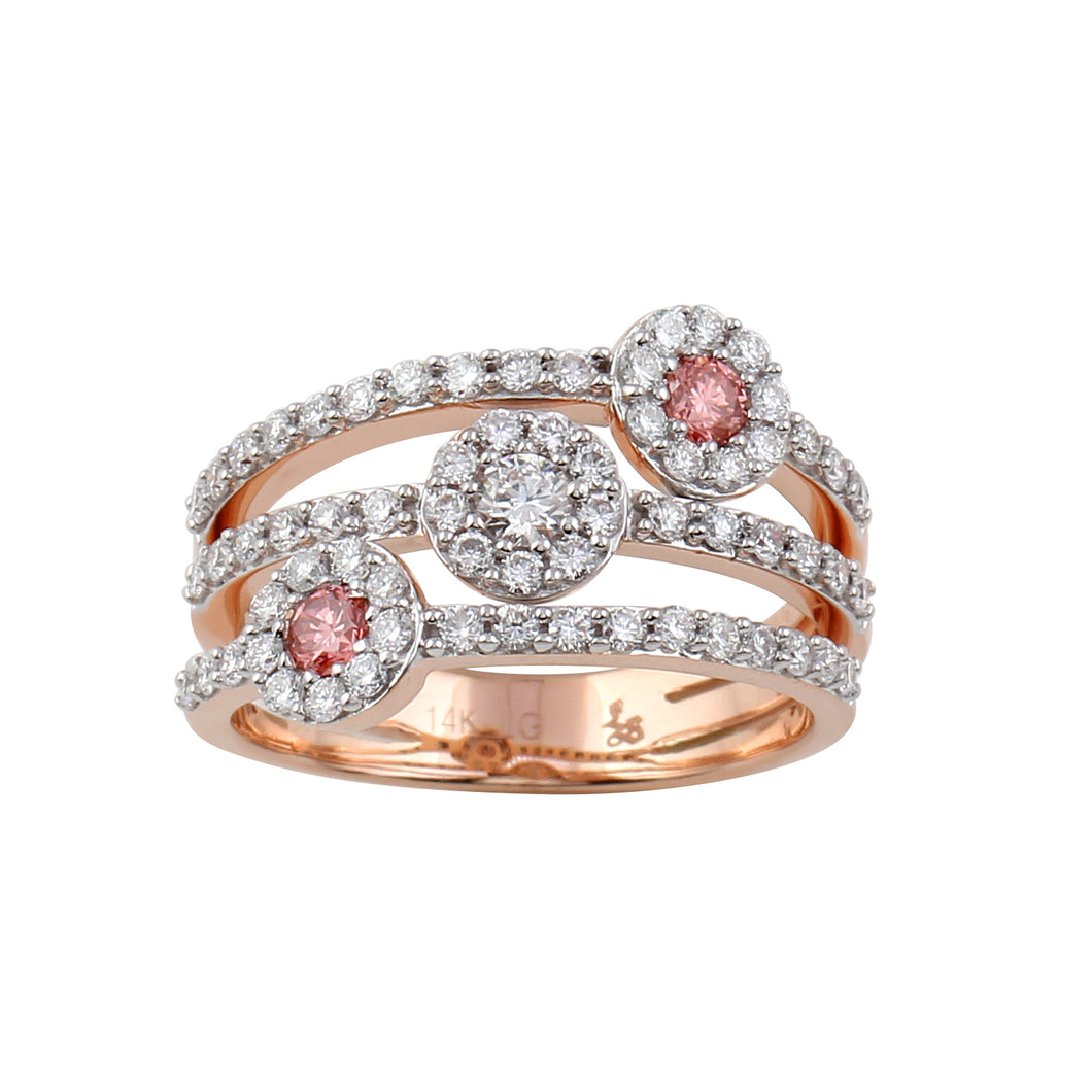 1.00CTTW Lab-Created Diamond Pink and White Triple Row Ring in 14K Rose Gold