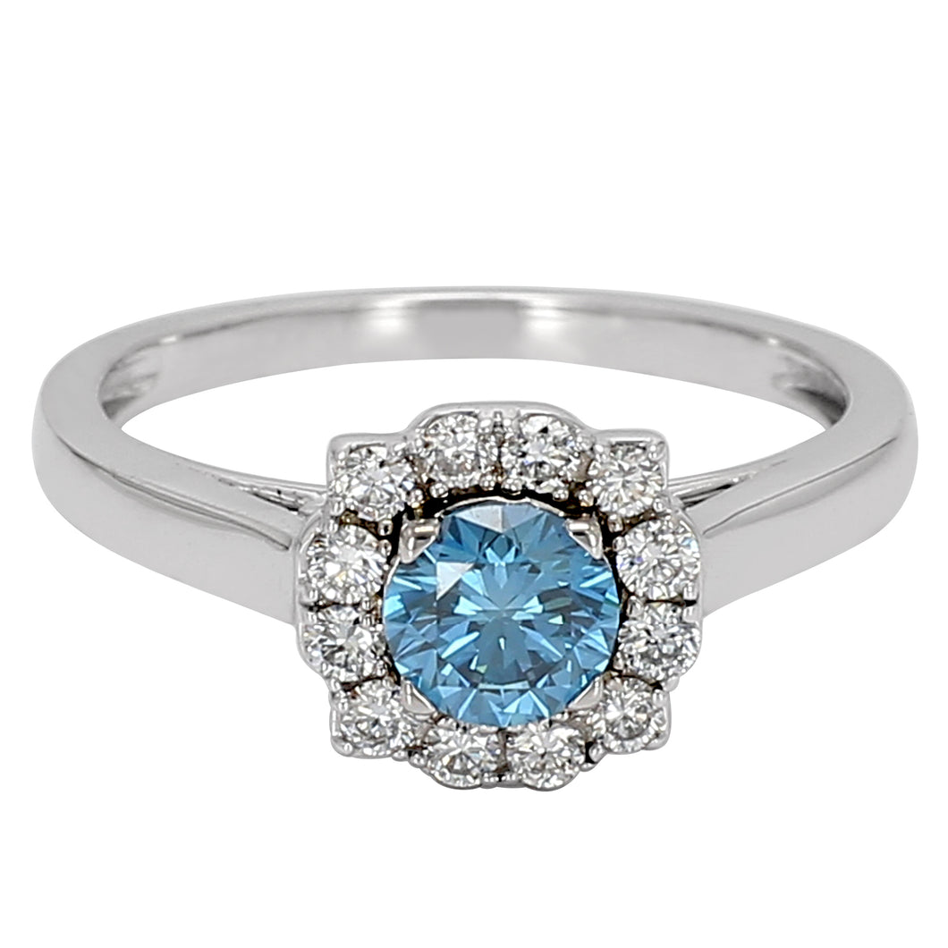 1.00CTTW Blue and White Lab-Created Diamond Halo Ring in 14K White Gold