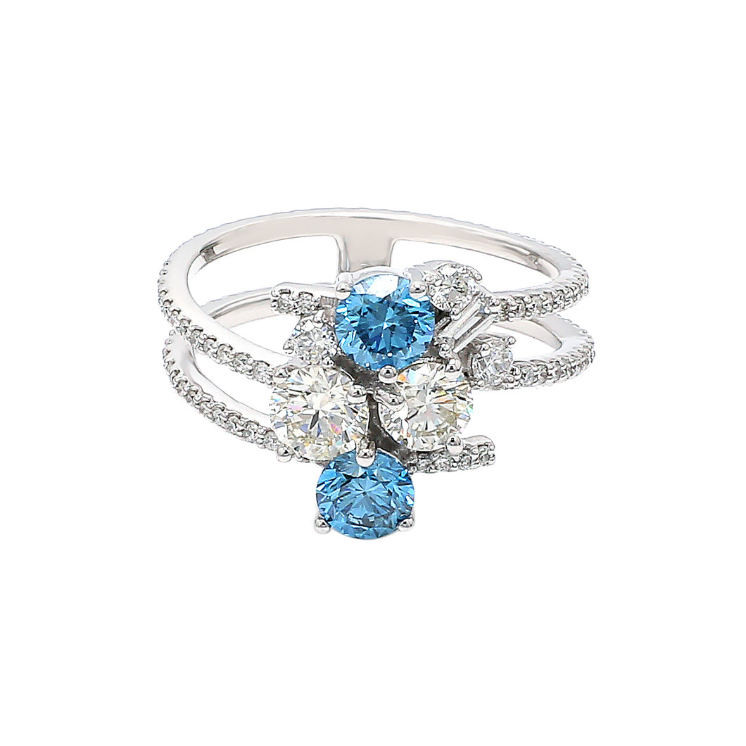 2.00CTTW Blue and White Lab-Created Diamond Bypass Multi-Row Ring in 14K White Gold