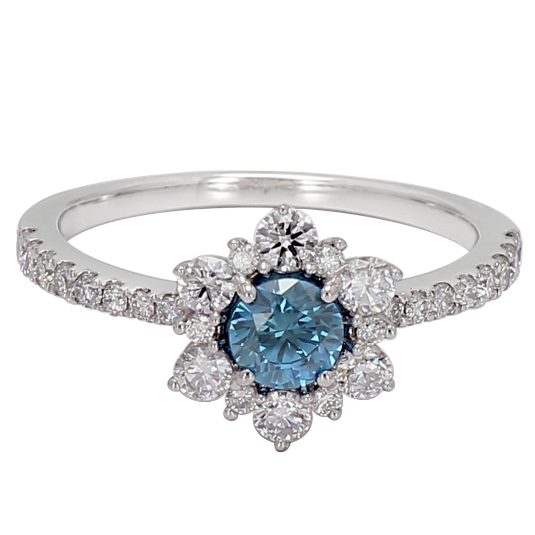 1.00CTTW Blue and White Lab-Created Diamond Flower Ring in 14K White Gold