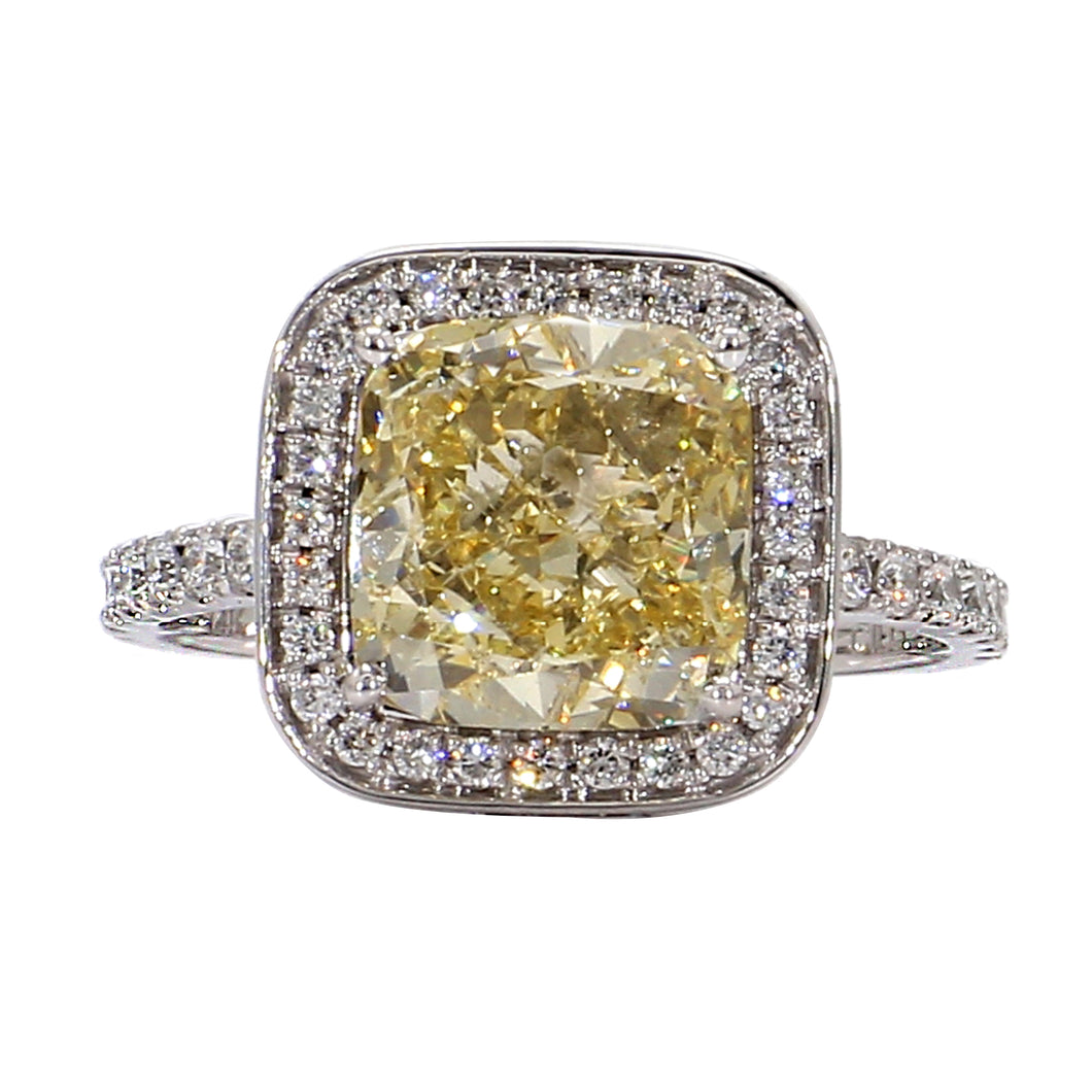 3.44 ct. Yellow Cushion Cut Lab-Created Diamond Ring with Halo