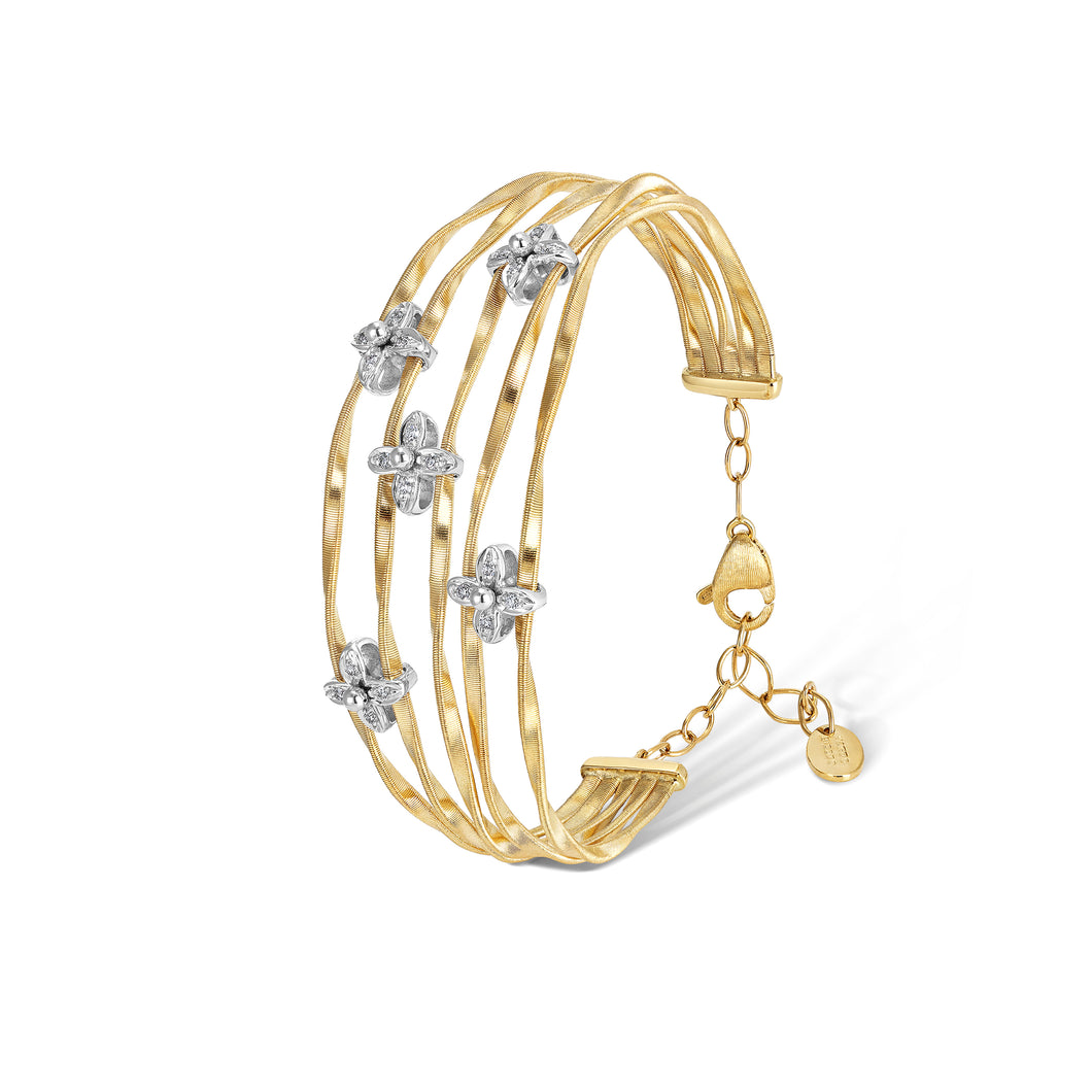 Marrakech Onde Collection 18K Yellow and White Gold Five Strand Bangle with Diamond Flowers