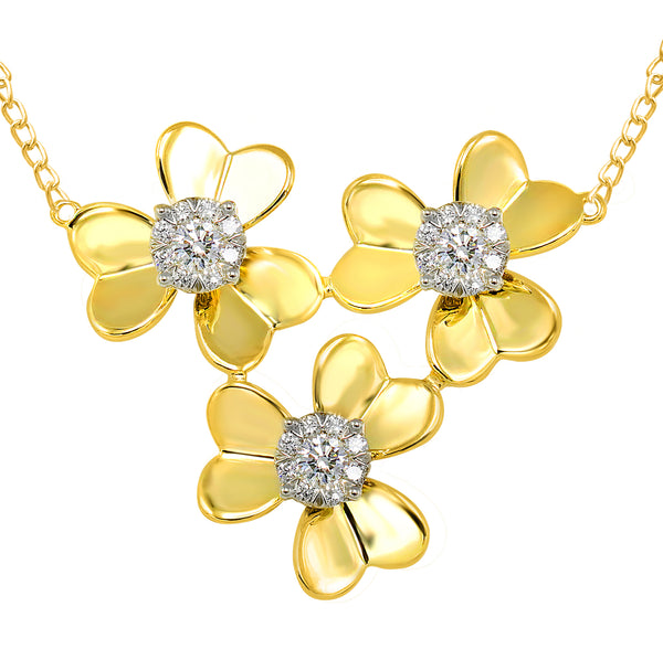 14k Yellow Gold Three Diamond Flower Necklace (0.50 ct. tw.)