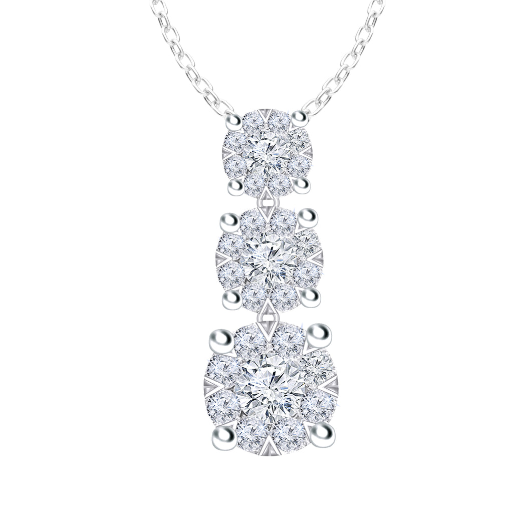 14K White Gold 1.00 CTW Graduated Cluster Drop Necklace