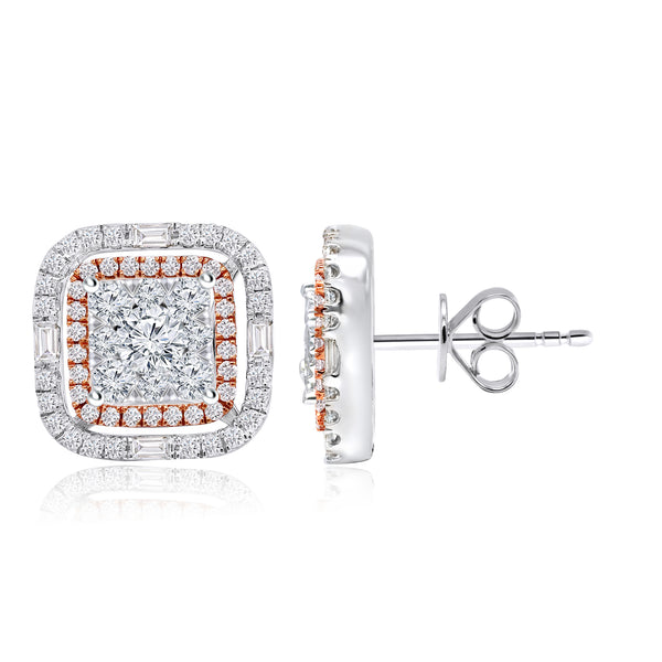 14K Rose & White Cold 1.50CTW Diamond Halo EarRing Jacket Cushion Shape