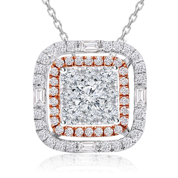 14K Rose & White Cold 0.50CTW Diamond Halo Double Row Cushion Shape Pendant Jacket