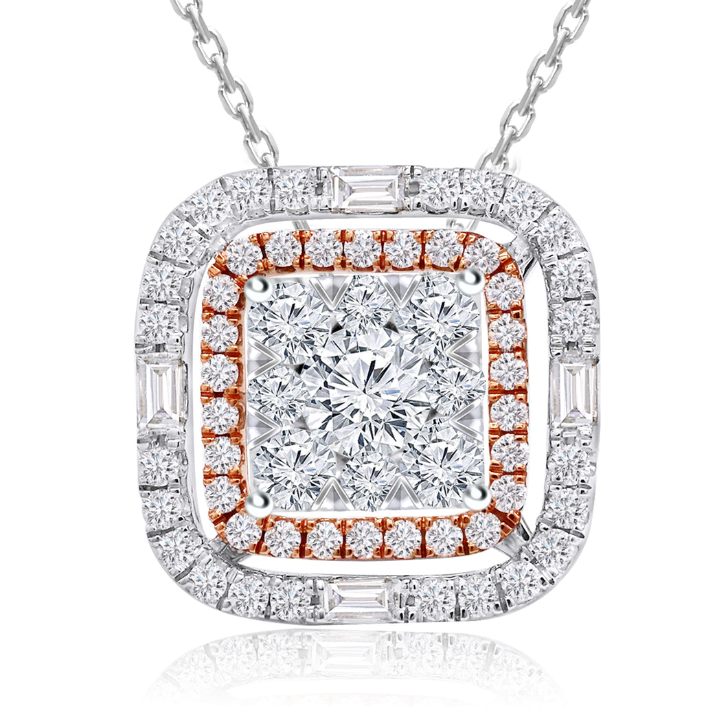 14K Rose & White Cold 0.50CTW Diamond Halo Double Row Cushion Shape Pendant Jacket