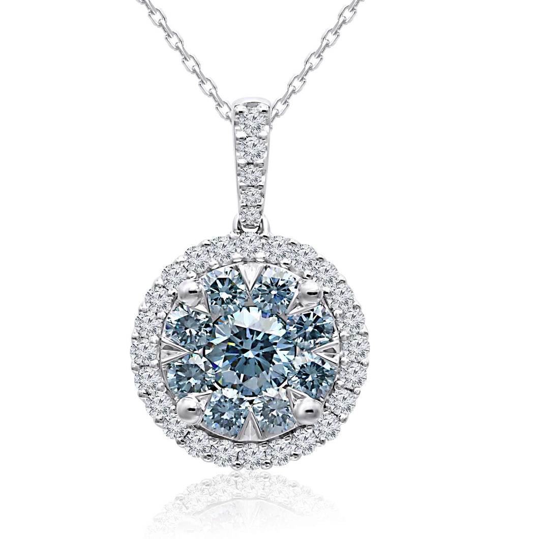 1.60CT TW Lab-Created Ice Blue & White Diamond Cluster Halo Pendant on Chain in 14K White Gold