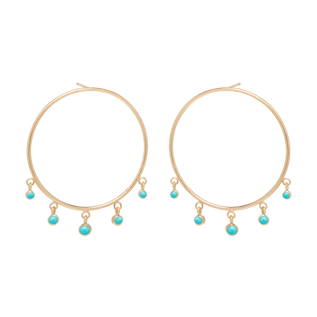 14K LARGE FRONT CIRCLE HOOP EARRINGS WITH GRADUATED DANGLING TURQUOISE
