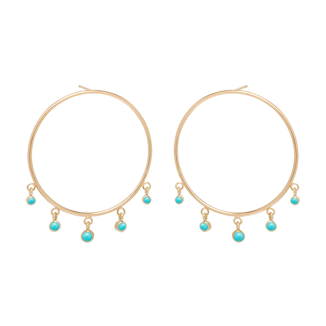 14K LARGE FRONT CIRCLE HOOP EARRINGS WITH GRADUATED DANGLING TURQUOISE