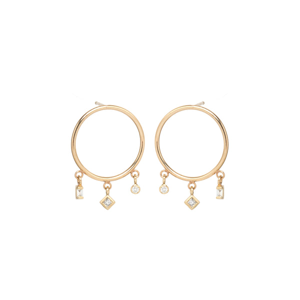 14K SMALL CIRCLE EARRINGS WITH PRINCESS, BAGUETTE AND BEZEL DIAMONDS
